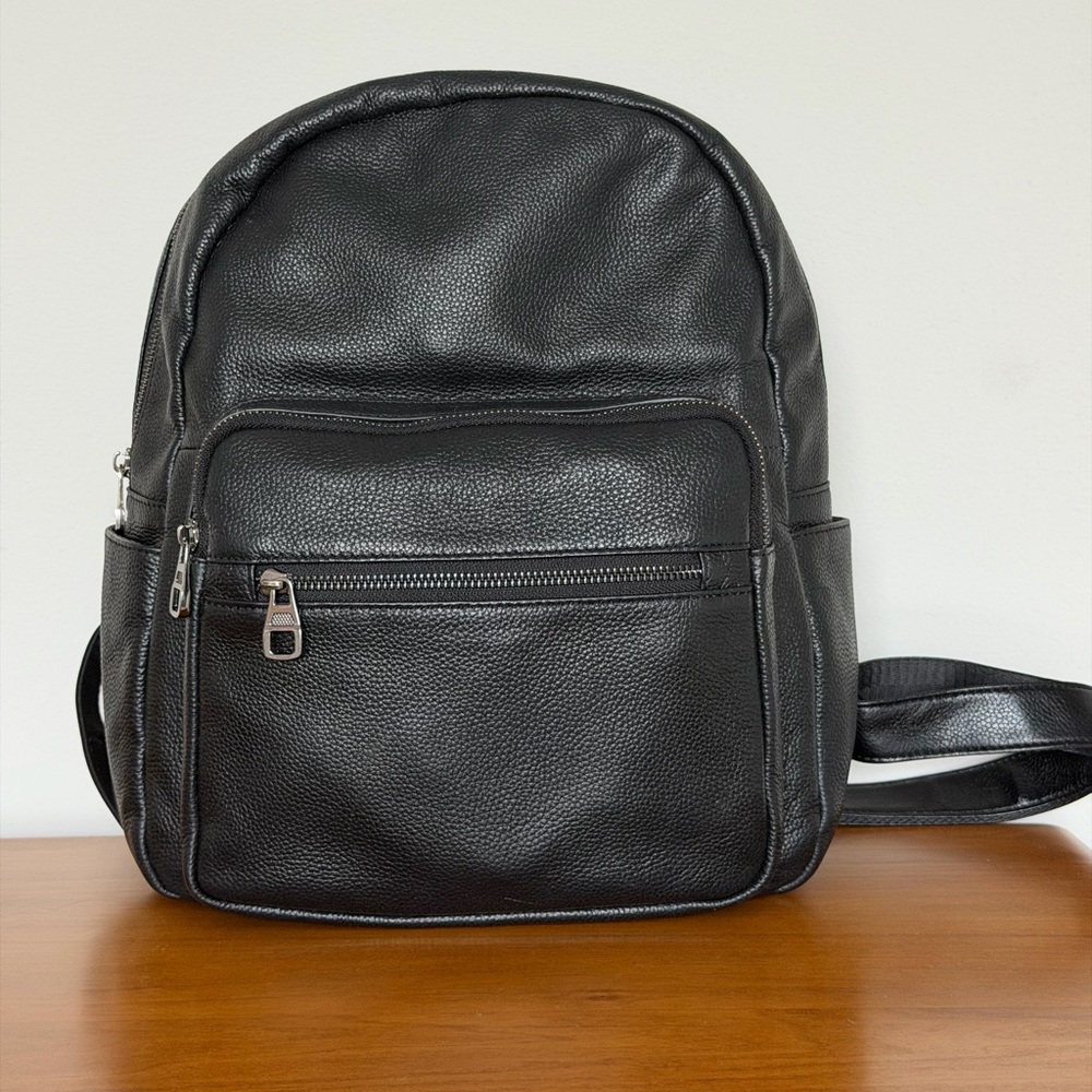COOLCY Black Pebbled Leather Multiple Pockets Backpack Minimalist Everyday Bag